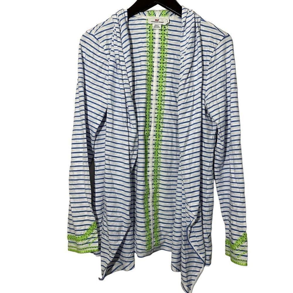 vineyard vines blue and white striped open front cardigan with green eyelet size